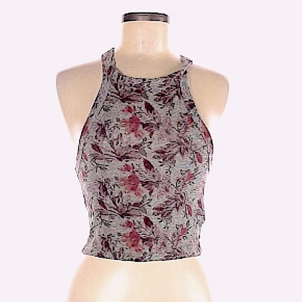 Boho Gray Floral High Crew Neckline Crop Top